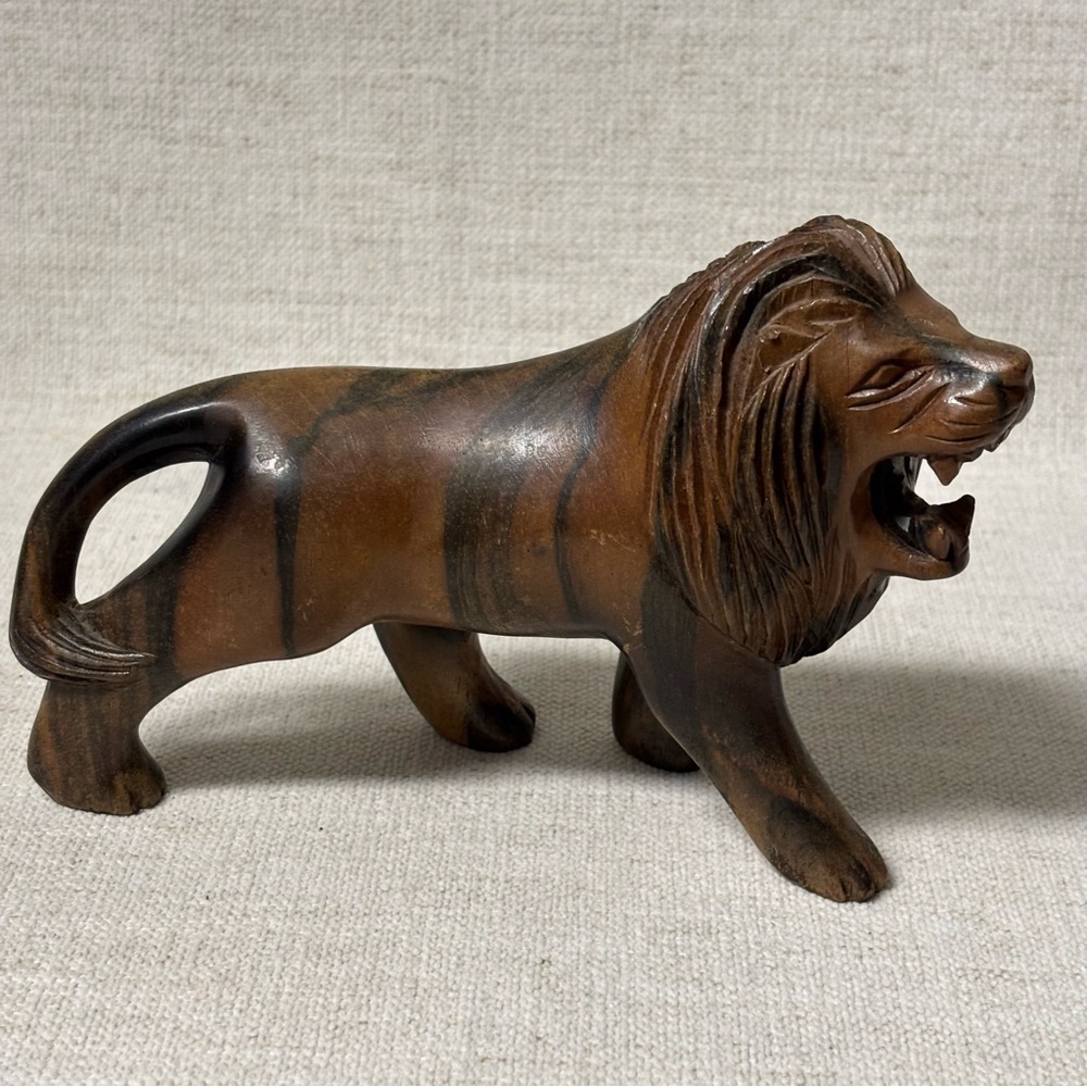 Vintage Hand Carved Wood Lion Sculpture.